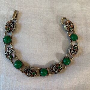 Green‎ Cabochon Vintage Book Chain Bracelet with Tulip Flowers